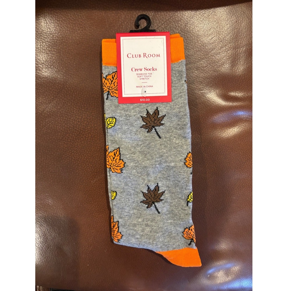 Club Room Mens Crew Socks Gray Orange Fall Leaves Autumn Seasonal One Size NWT